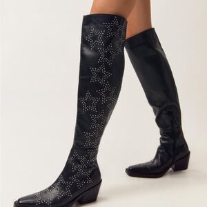 NASTY GAL, Genuine 100% Leather, Black Star-Studded Women's Knee-High Boots